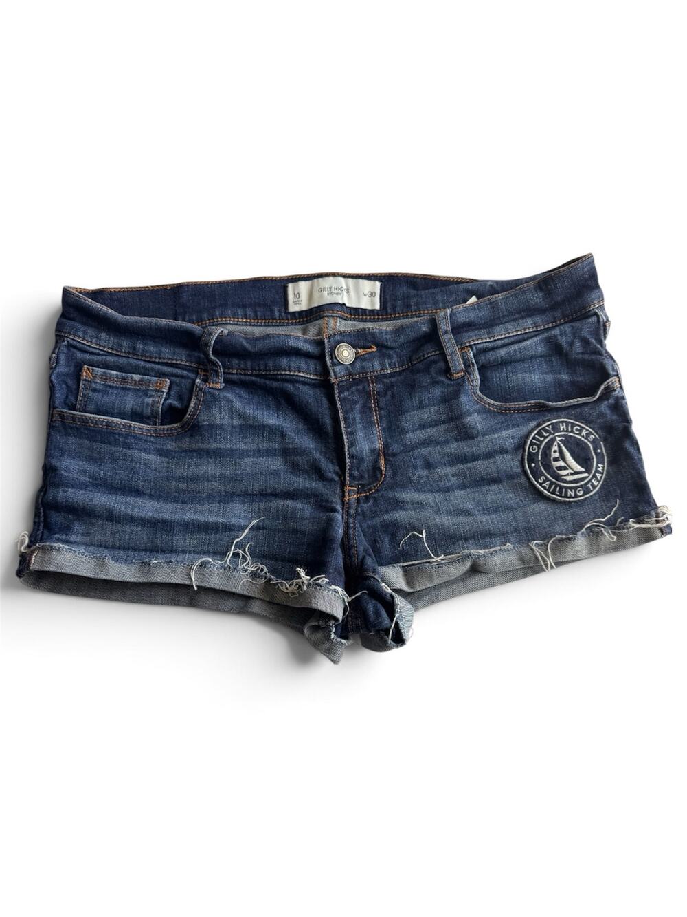 Vintage Y2K Gilly Hicks Sailing Team Patch Raw Hem Denim Shorts W30 Size 10